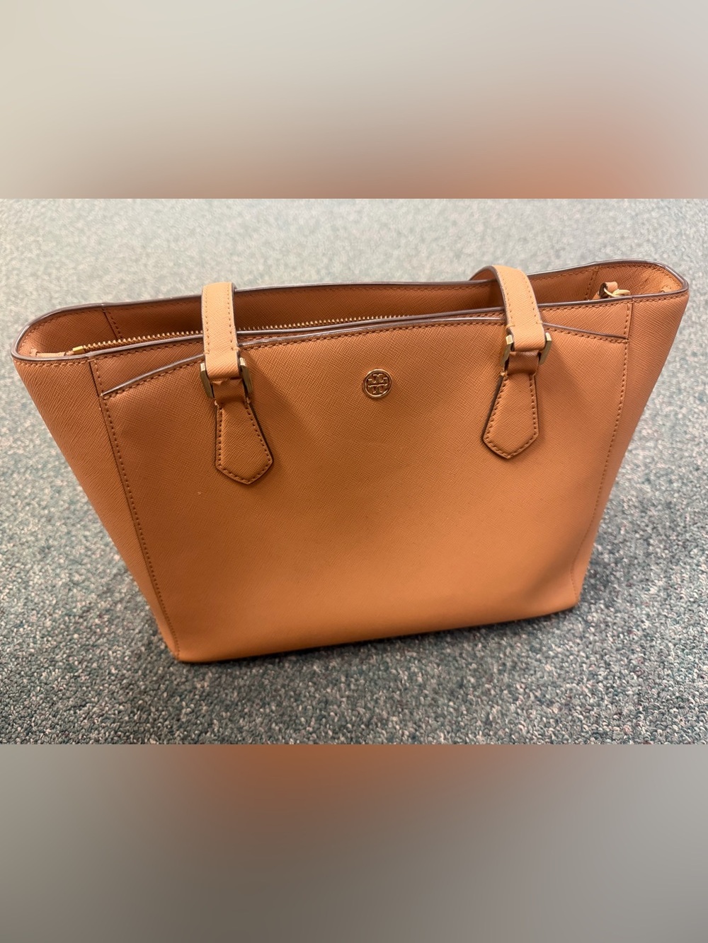 Tory Burch Caramel Leather Tote with Gold Logo